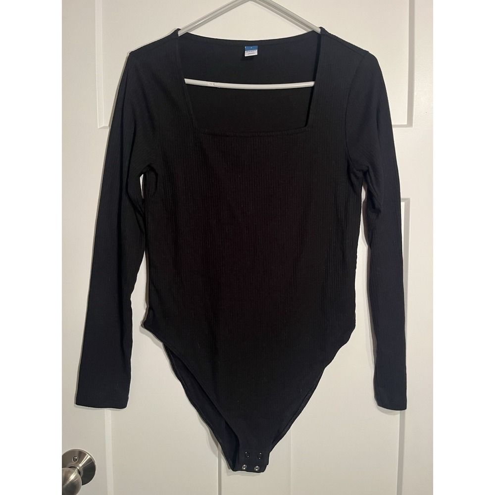 Old Navy Black Long Sleeve Bodysuit Womens Large L Square Neck Ribbed Knit